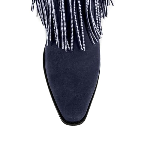 Women's Rhinestone Fringe Cowboy Boots Western Square Toe Low Block Heel Mid Calf Boots Sparkly Bling Cowgirl Boots for Party Festival Night Out Dancing2