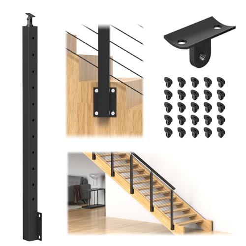 Image of 36 inch Side Mount Stair Railing Post, Stainless Steel Left Side 25-35 Degrees Stair Post w /Cable Grommets, Space-Saving Fascia Mount Deck Stair Railing System, 1 /8 inch Black Cable Railing Kit, RG72