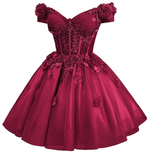 Image of Zhangyo Sparkly Tulle Homecoming Dresses for Teens Off Shoulder DAMA Dress | Sparkly Tulle Homecoming Dresses, for Teens, Off Shoulder DAMA Dresses for Quinceanera, 3D Butterfly Short Ball Gown
