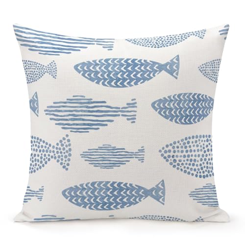 Jiaopenyou Throw Pillow Cover 20x20 Inch,Watercolor Blue Fish Throw Pillow Case,Home Decor Cushion Covers for Sofa Living Room Couch Bed