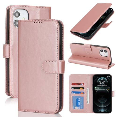 Image of for iPhone 12 Case Wallet with Card Holder,for iPhone 12 Pro Wallet Case for Women Men,PU Leather Shockproof Magnetic Buckle Stand Flip Phone Case-Rose Gold