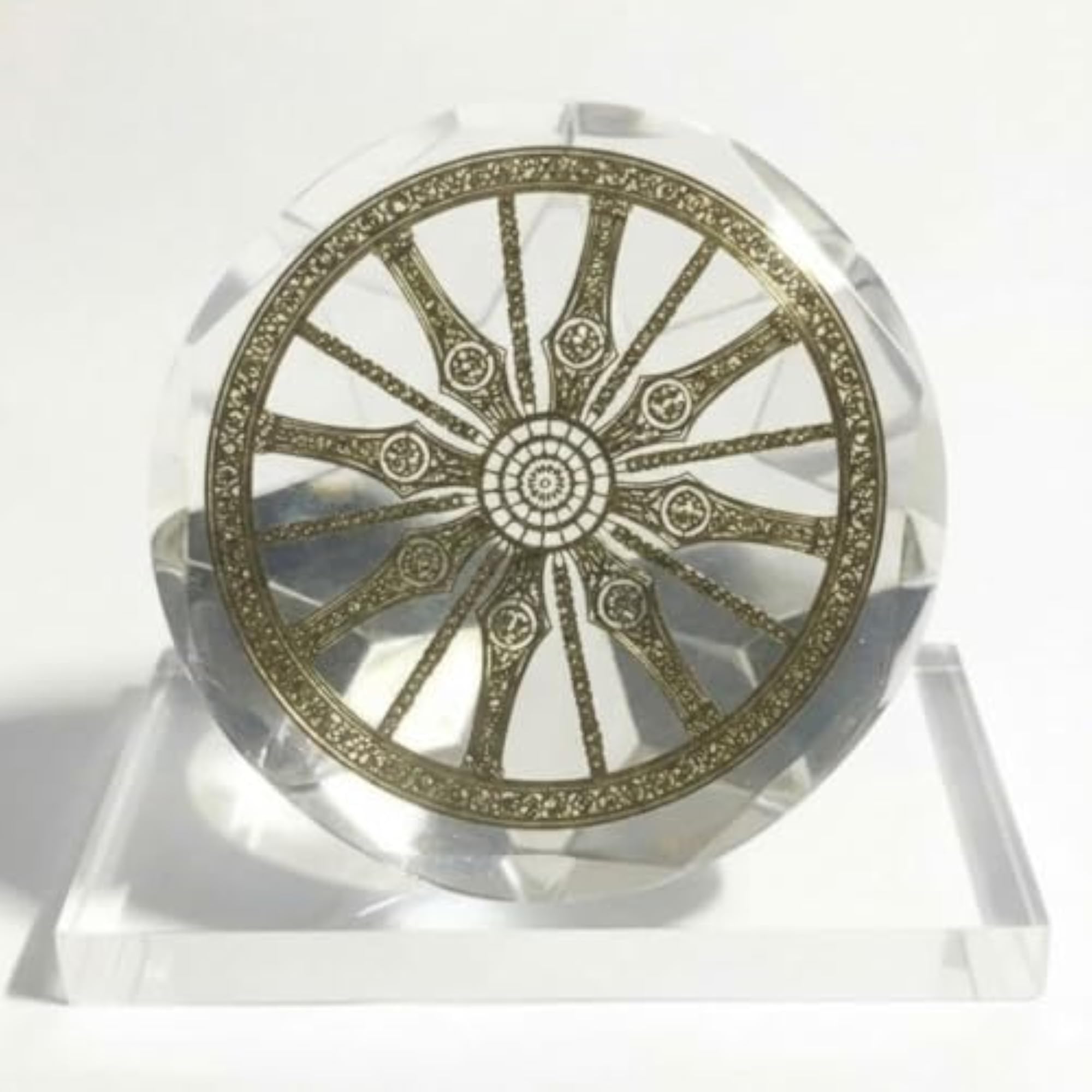 Gold Plated Konark Sun Temple Wheel Handcrafted in Crystal Base