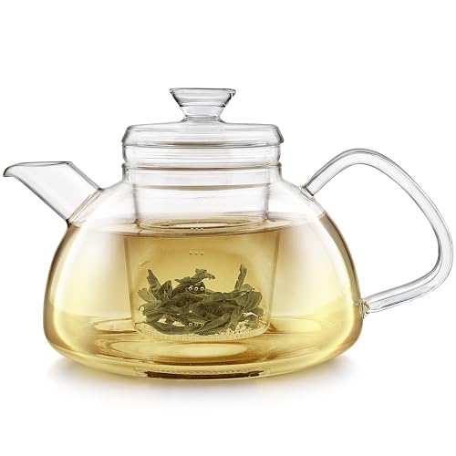 Teabloom Innovadora tetera de vidrio de borosilicato filtrado con infusor de vidrio de té suelto Microdot, 40 onzas (5 tazas o 1200 ml), equilibrio claro