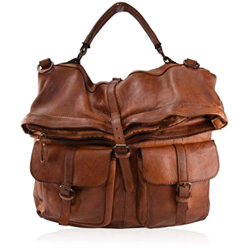 Sac à main femme cuir véritable lavé grand sac besace URUG 37x30x13cm