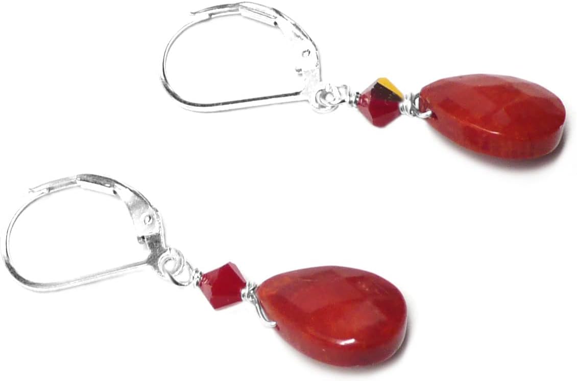 Dyed Red Coral Briolette Sterling Silver Lever Back Earrings Crystal