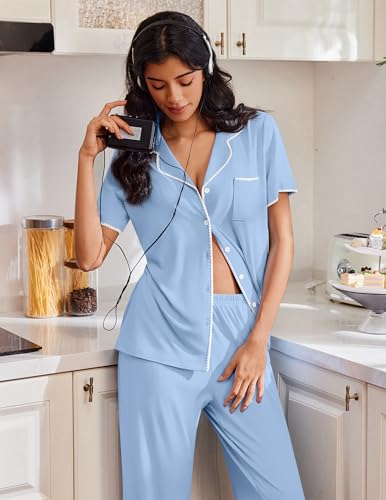 Image of Ekouaer Pajamas for Women Set Button Up Soft Pjs Short Sleeve 2 Piece Lounge Sets Comfy Sleepwear