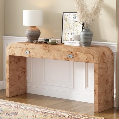 Modern Unique Curved Console Table with 2 Drawers and Burl Wood Veneer, 60'' Long...