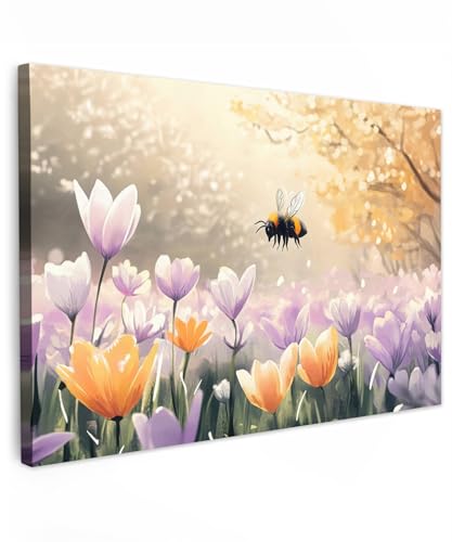 MuchoWow© Leinwandbild Groß 120x80 cm XXL Dekoration Wohnzimmer Bilder Pictures Wall Decoration Living Room Wohnungs Deko Moderne Bild Stiefmütterchen - Biene - Sonnenlicht