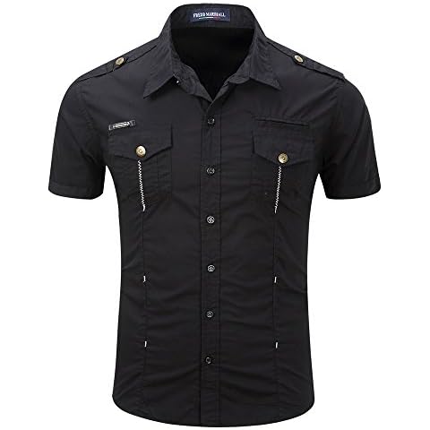 FREDD MARSHALL Men's Short Sleeve Button Cargo Shirts Black XXX-Large Cover