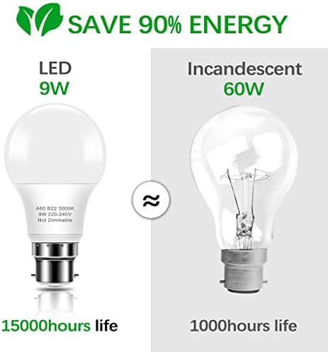 Bonnov B22 LED Bulbs, 900lm A60 Bayonet Light Bulb, 9W Equivalent to 60W Incandescent Lamp, Warm White 3000K LED Bulb, Non-dimmable, Energy Saving Light Bulb, Pack of 8