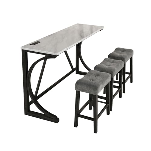 Image of 4-Piece Industrial Bar Table Set with Power Outlet, 3 Upholstered Stools for Kitchen, Game Room & Dining, Counter Height Pub Set (Grey 1+3)