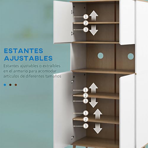 HOMCOM Alacena de Cocina Mueble Auxiliar de Cocina con 4 Puertas y Encimera para Microondas, Estantes Regulables, Orificio para Cable, Patas de Madera, Estilo Moderno, 80x40x178 cm Blanco - imagen 4