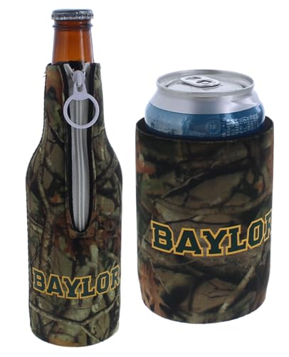 College Team Color Logo Can & Bottle Holder Insulator Beverage Cooler Set (Baylor Vista Camo (Bears))