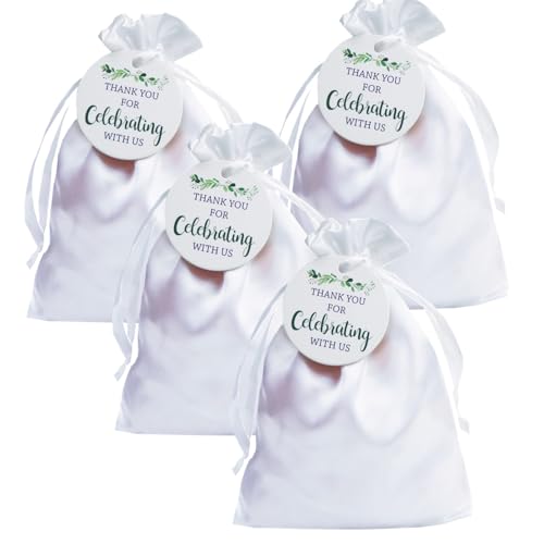 GUIFIER 30 Pack 6x9 Inch Satin Gift Bags White Drawstring Bag with Tags, Baby Shower Bags, Silk Jewelry Pouches, Wedding, Graduation Favor Bag, Reusable Fabric Gift Small Candy