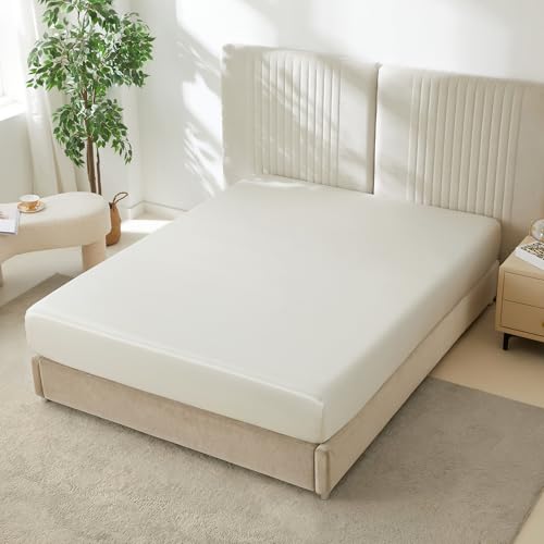 Mulberry Park 100% Pure King Silk Fitted Sheet 22 Momme 6A Mulberry Silk Bed Sheets with 16" Deep Pocket - Breathable, Ultra-Soft, Seamless - Ivory