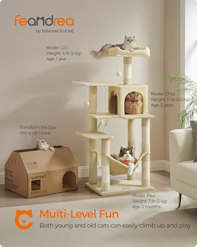 Image of Feandrea Cat Tree, 54.2-Inch Cat Tower, Plush Multi-Level Condo with 4 Scratching Posts, 2 Perches, Hammock, Cave, Beige UPCT161M01