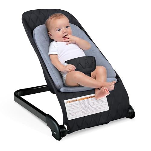 Image of Kinder King Portable Baby Bouncer, Foldable Bouncer Seat w/Thickened Soft Cushion, 3-Point Harness, Lightweight Newborns Bouncy Seat, Black