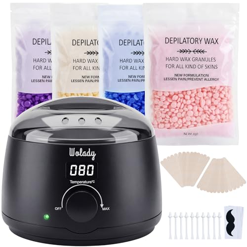 Chauffe Cire Épilation à la Cire Chaude Professionnelle 500ml, Wolady Smart Appareil à Cire Avec 4 Sachets Cire et 10pcs Bâtons Épilation Visage Bras...