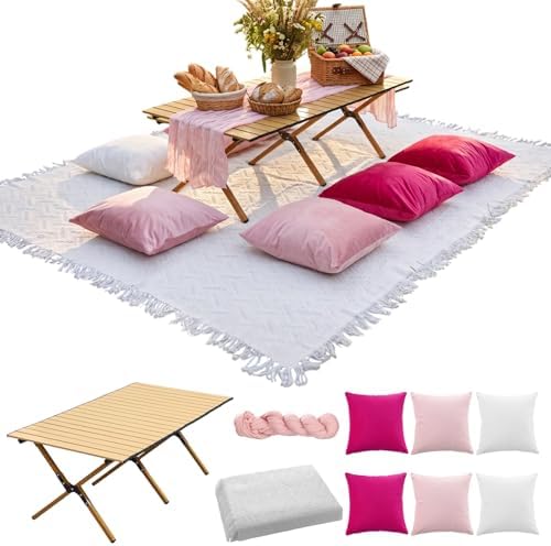 Leinuosen 9 Pcs Boho Picnic Set with Folding Low Table, Pink