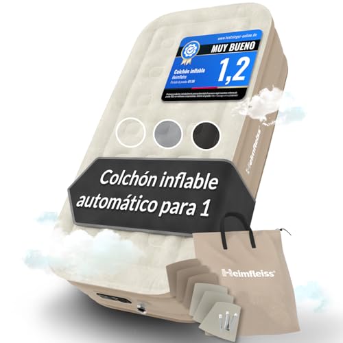 Heimfleiss® Premium Colchón Hinchable Individual Para Invitados | Autohinchable Eléctrico con Bomba Integrada | PVC Resistente Antipinchazos Velour 100x200 x 45 cm | Cama Inflable para Camping | Beige