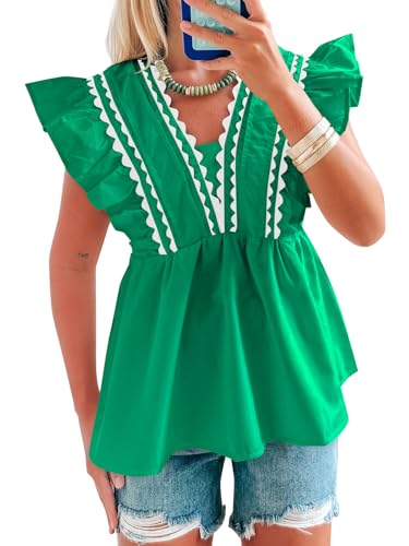 Tankaneo Womens Babydoll Peplum Tops Ruffle Cap Sleeve V Neck Blouse Dressy Cute Summer Pleated Shirts Trendy Green