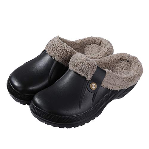 Beslip Classic Fur Lined Clog Waterproof Winter House Slippers For Women Men Indoor And Outdoor, Black And Khaki Women Size 8.5-9 #TOP1