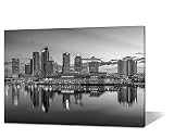 Tampa City Skyline Wall Art, Florida Canvas Wall Decor Black and White Picture Framed Prints Cityscape View Painting Poster Ready to Hang(36x24 inches)