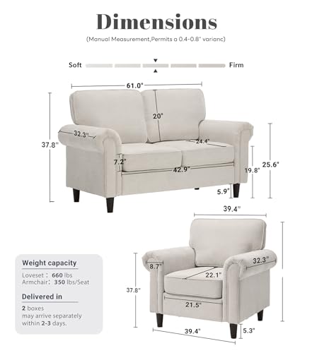 Image of Kingfun Loveseat 2 Seater Couch with Chair, Mid Century Modern Chenille Sofa Set with Rolled Arms and Deep Seats, Fluffy Comfort for Living Room, Apartment, Easy Assembly, Beige