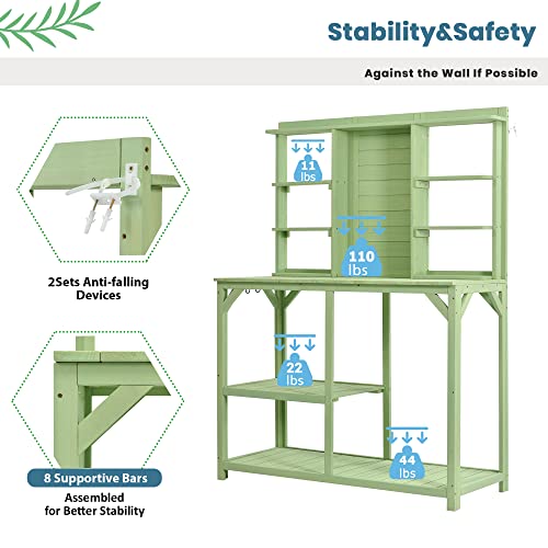 GOAWGO 64.6\" Potting Bench Outdoors Large Garden Bench with 6-Tier Shelves and Side Hooks Wood Potting Table Workstation for Garden, Patio and Backyard, Green
