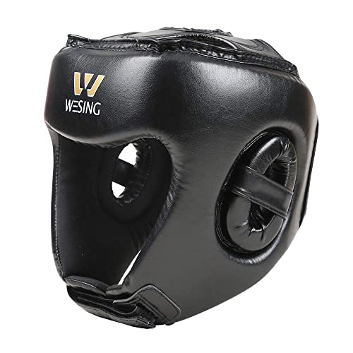 Wesing Professional Boxing Headgear Muay Thai Martial Arts Training Sparing Headgear Without Cheeks (Large, Black)