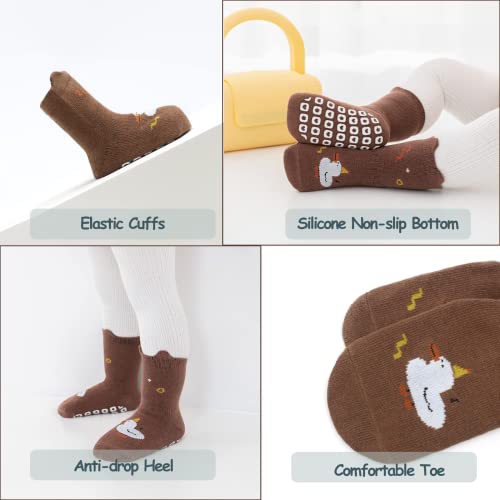 Qiyiendian Cute Cartoon Crew Socks With Grips, 5 Pair Cotton Anti-Slip Slipper Socks Suitable For Infant Baby Little Girls/Boys (Bear,1-3Years) #TOP3