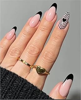 JUSTOTRY 24 Pcs Oval Press on Nails Short, Black Swirl French False Nails Patterns, Trendy Fake Nails Short with Nail Glue, Almond French Stick on Nails for Women, Nails Fake Nail for Nails Art