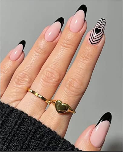 JUSTOTRY 24 uñas postizas francesas negras con forma de corazón y almendra, cortas, para mujeres
