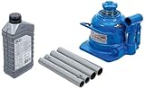 Bundle aus BGS 71036 | Hydrauliköl | mineralisch | HLP 46 | 1 l + BGS 70041 | Hydraulischer Flaschen-Wagenheber | extra flach | 10 t | Stempelwagenheber/Kompakt-Wagenheber, blau,silber