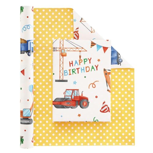 WERNNSAI Construction Wrapping Paper -1 Roll Digger Tractor Wrapping Paper Boys Birthday Wrap Paper Yellow Kids Present Favor Decoration Polka Dot Design 43.2cm x 10m