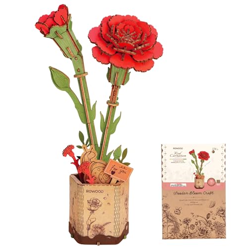 ROWOOD Puzzle 3D Fai da te Fiore in Legno Kit Modellino di Fiori Artificiali Da Montare Per Adulti (Red Carnation)