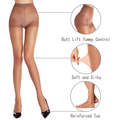 Image of HA WA 3 Pairs Women 20D Sheer Tights Control Top Pantyhose Reinforced Toe