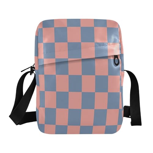 mens messenger bag Small Crossbody Bags For Women Casual Purse Cross Body Adjustable Strap for Travel Travel- Light Coral and Gray-blue Checkerboard Pattern