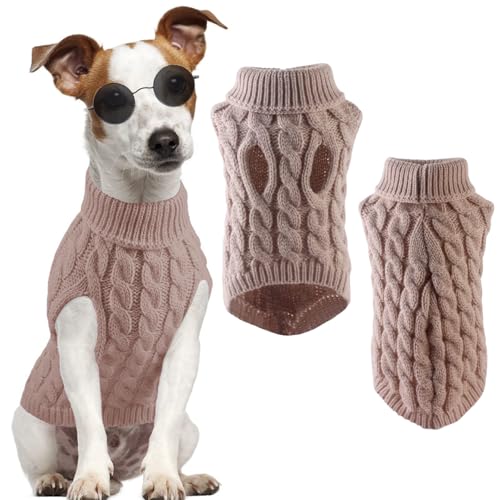 Small Dog Sweaters, Knitted Dog Jumpers, Doggy Winter Coat, Pet Clothes Cat Pullover Sweater, Classic Thermal Turtleneck Puppy Outfits for Chihuahua, Bulldog, Dachshund, Pug, Yorkie (Khaki, L)