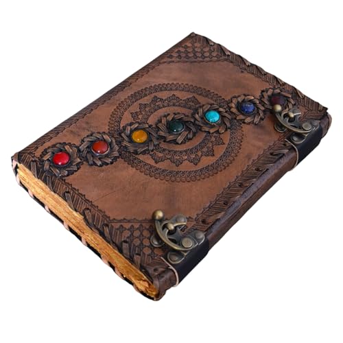 KMAAC leather bound journal book of shadows vintage leather journal deckle edge paper antique spell book wiccan seven stone chakra journal unlined lock daily notebook sketchbook 10x7