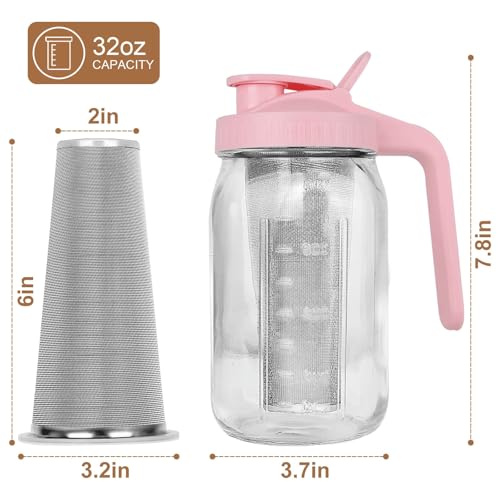Image of Cold Brew Coffee Maker,32 oz Mason Jar Pitcher with Stainless Steel Filter, Pour Spout Handle Lid, Heavy Duty Glass Airtight & Leak-Proof Pitcher for iced coffee Tea Lemonade-Pink