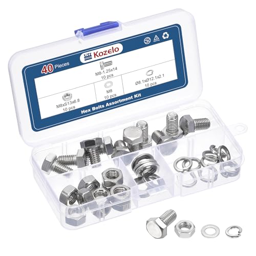 Kozelo 40Pcs Bolts and Nuts Washers Kit-M8-1.25x14 304 SS Hex Tap Bolt