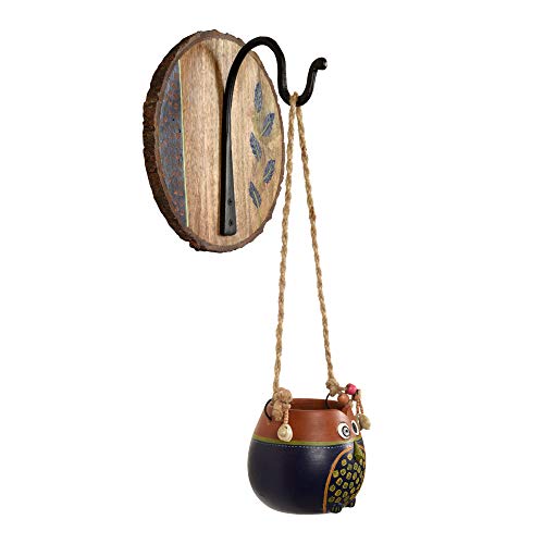 Image of AAKRITI ART CREATIONS Wall Hanging Planter with Hook | Blue & Brown Earthen Planter on Round Wooden, Modern Art, Matte Finish | Metal, Terracotta & Wood | Decorative Hanging Pot for Indoor & Outdoor