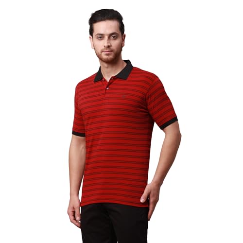 Image of Park Avenue Men's Cotton Polyester Blend Stripe Pattern Slim Fit Rib Collar Polo Neck Half Sleeve Casual T-Shirt