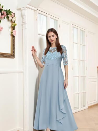 Tea Length Chiffon Mother of The Bride Dresses for Women Lace Applique Half Sleeve Ruffles Formal Wedding Guest Dresses4