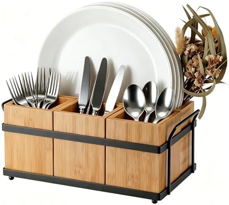 Silverware Caddy Wood Utensil Holder 4-in-1 Bamboo Utensil Caddy ...