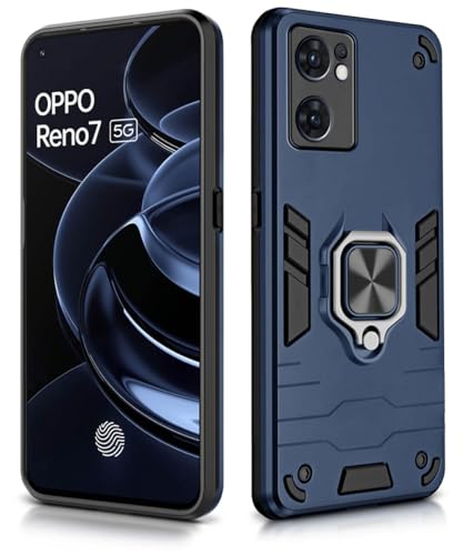 Image of WOW IMAGINE Shock Proof Back Case Mobile Cover for Oppo Reno 7 5G | Back Cover Case (Tough Armor | Hybrid PC + TPU | Ring Holder & in-Built Kickstand | Blue)