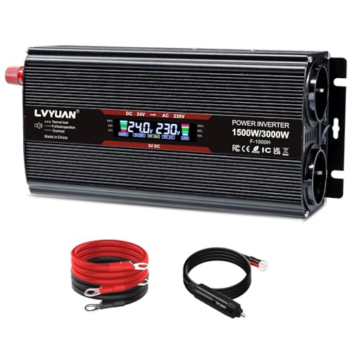 LVYUAN Convertisseur 24V 220V 1500W/3000W Convertisseur de Tension avec écran LCD, 2 Prises UE,...