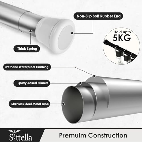Image of SITTELLA Extendable Shower Curtain Tension Rod (155cm to 290cm) Non-Drilling Anti-Skid Spring Pull Rod - Stainless Steel, Silver-White Finish