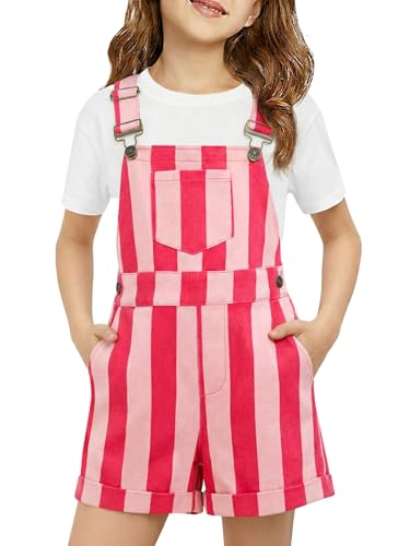 Haloumoning Girls Striped Overalls Kids Fashion Adjustable Straps Colorblock Overall Shorts Rompers with Pockets 5-14Y